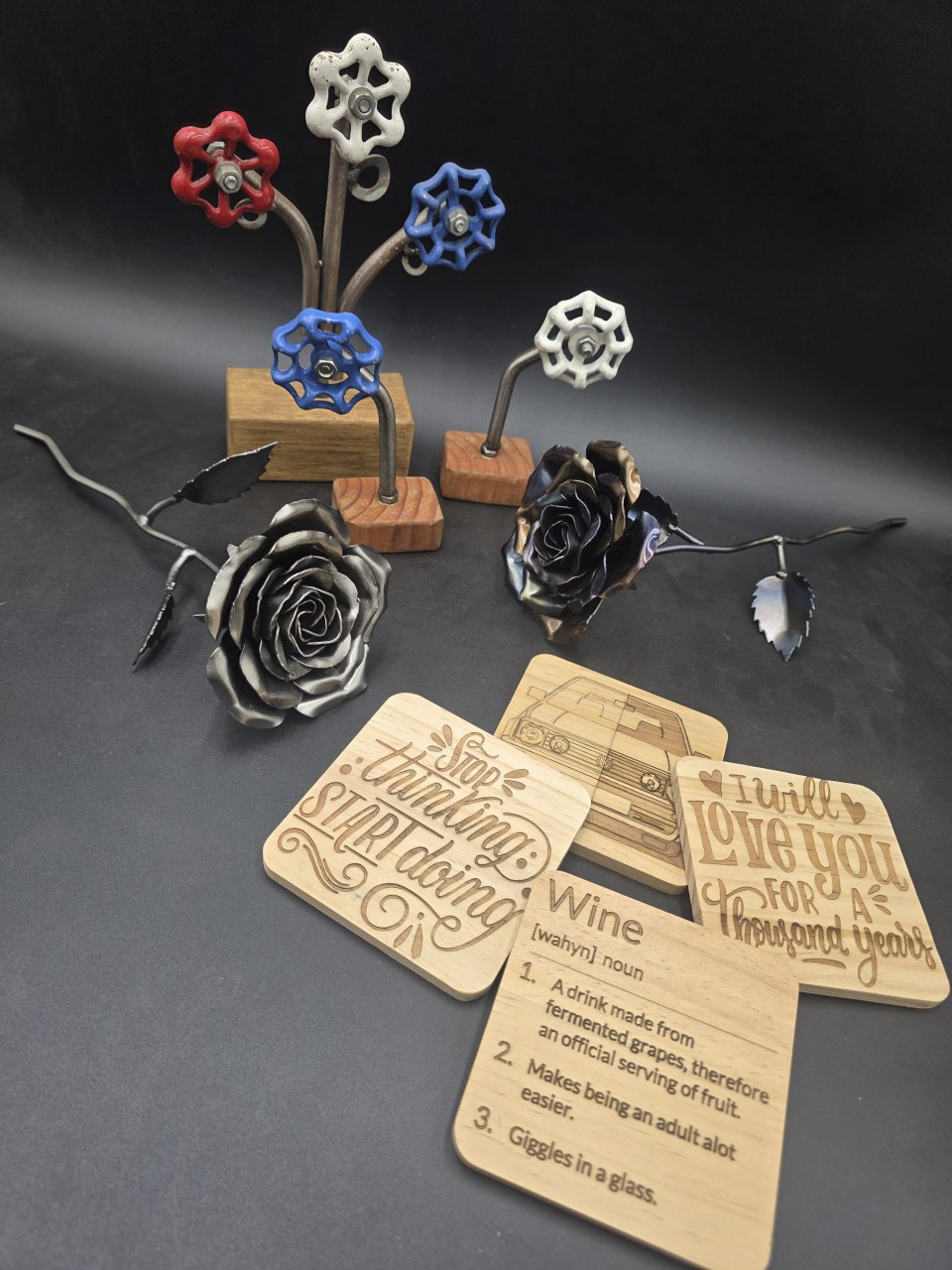 Handmade valve flowers, steel roses and engraved wooden coasters