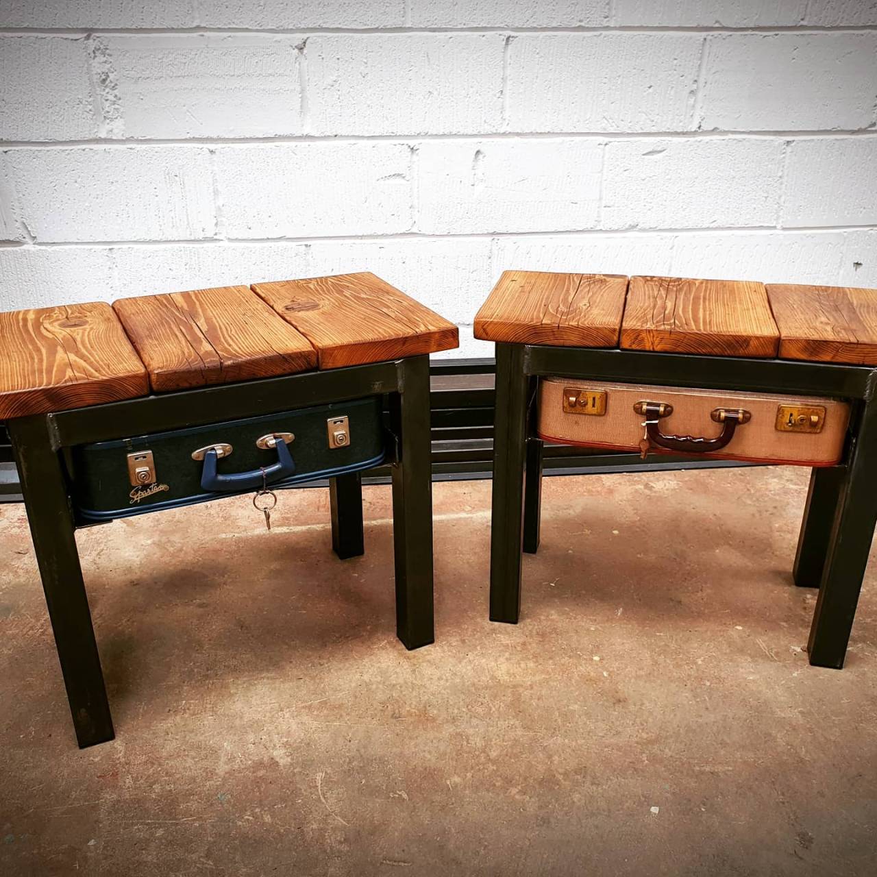 Pair of upcycled suitcase tables with reclaimed wooden tops