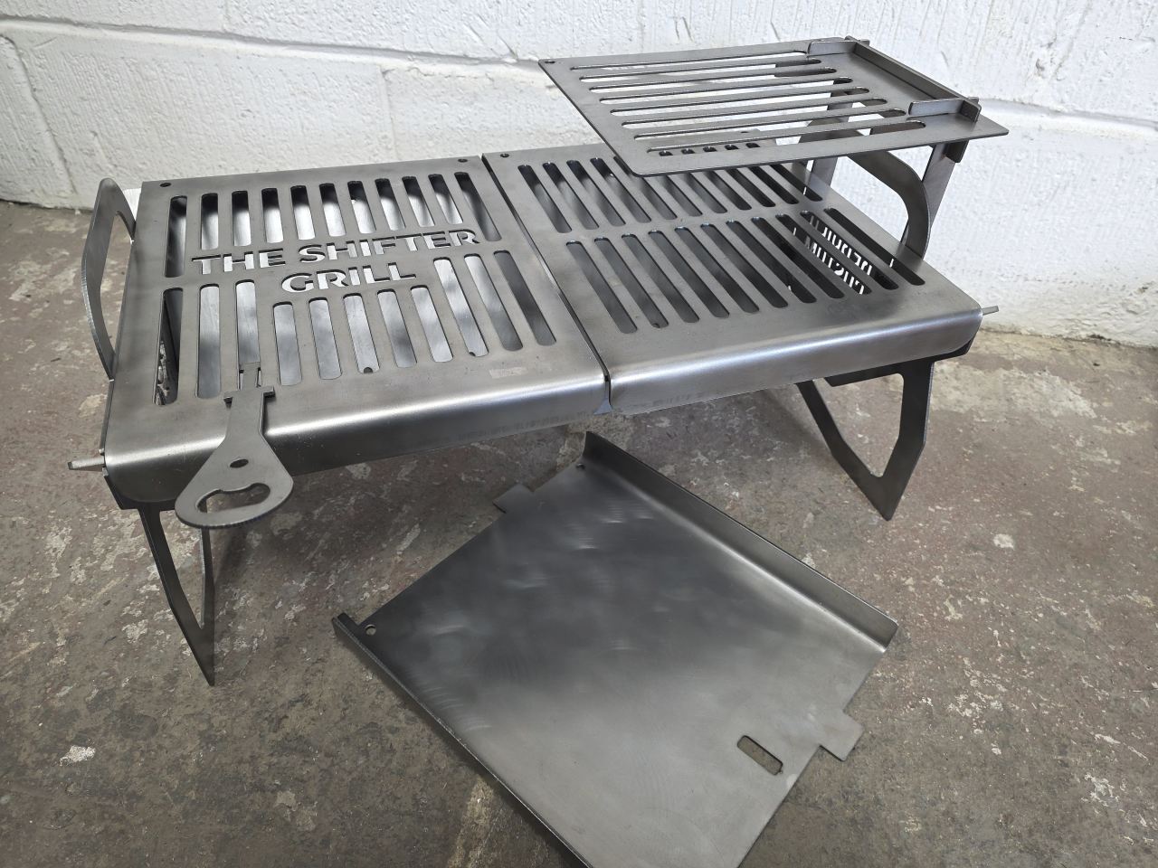 Complete handmade Shifter Grill with shelf, griddle and raised grill plate