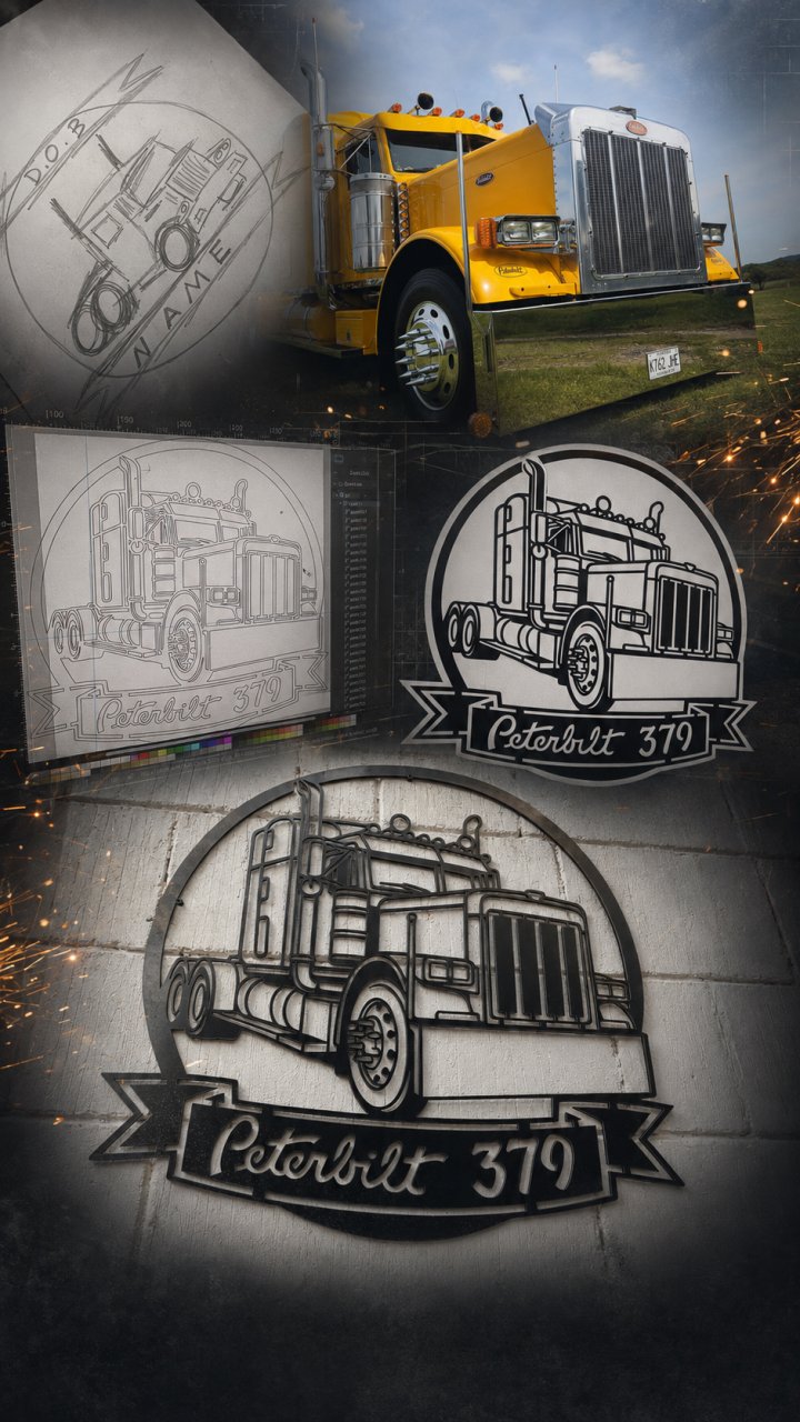 A Peterbilt sign progressing from rough sketch and reference photograph to finished steel artwork