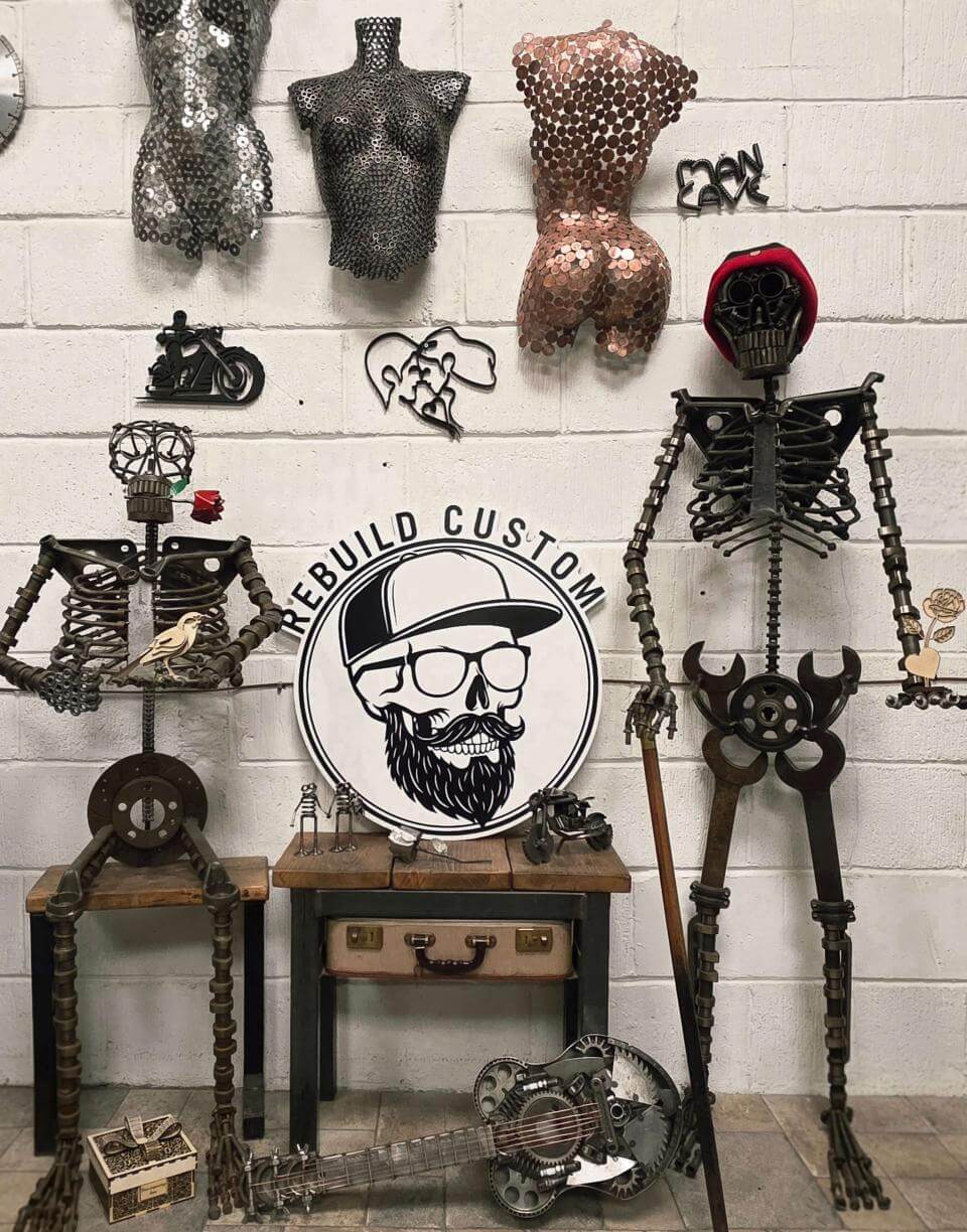 A display of Rebuild Custom sculptures, metal art and handmade furniture