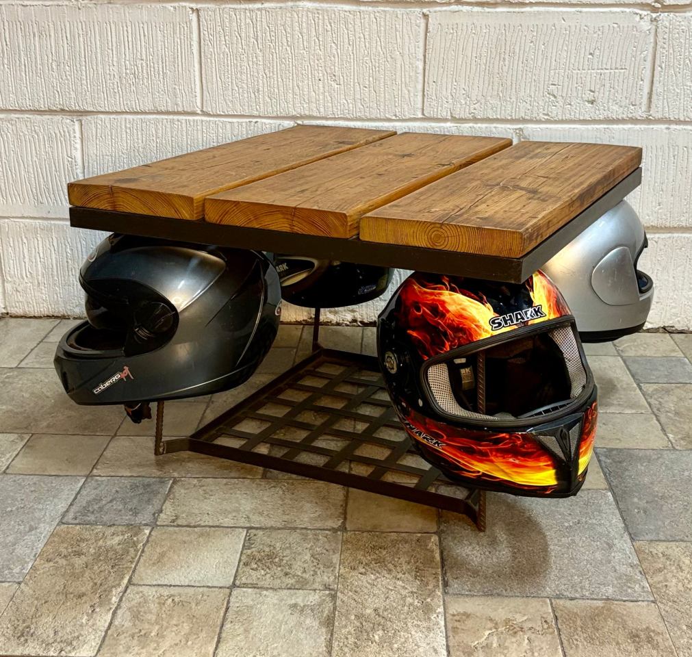 Handmade wooden and steel motorcycle helmet table