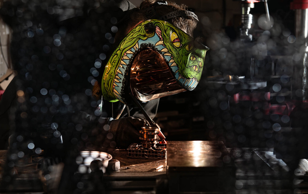 Metalwork being assembled by hand in the Rebuild Custom workshop