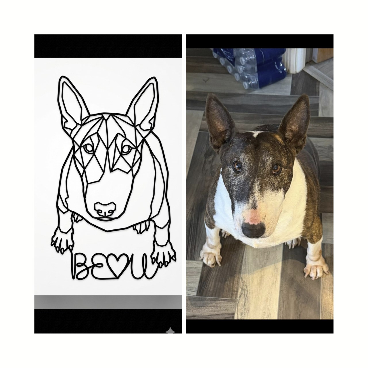 Wooden English Terrier silhouette design shown beside the customer's dog reference photograph