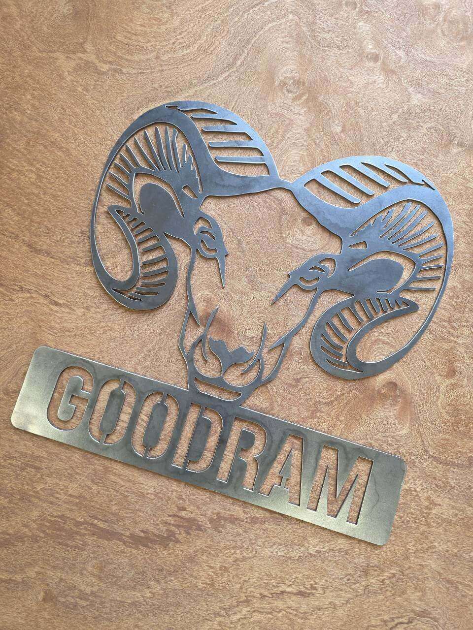Commissioned Goodram ram and name sign cut from steel