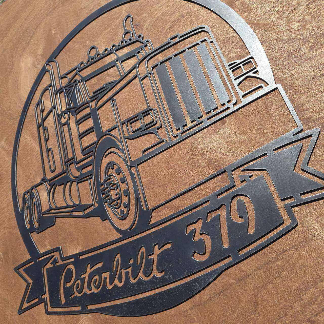 Finished Peterbilt 379 steel lorry sign commissioned from a customer reference