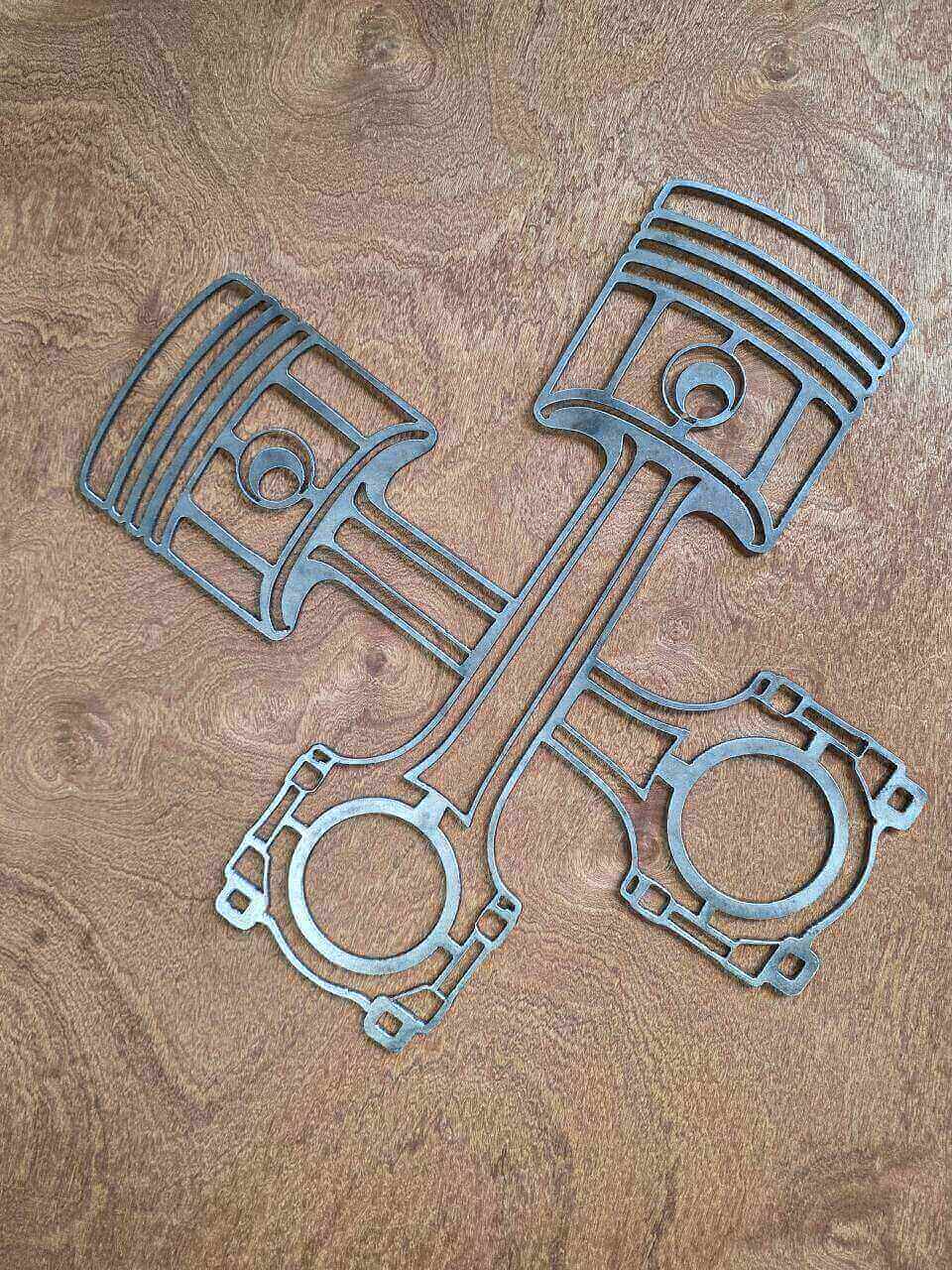 Crossed pistons engine raw steel metal wall art