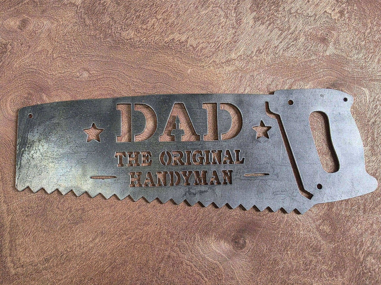 Dad The Original Handyman saw-shaped raw steel metal sign