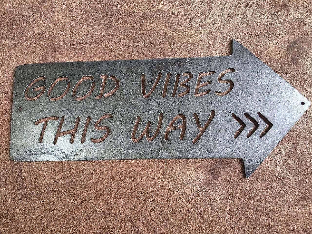 Good Vibes This Way right-pointing arrow raw steel metal sign