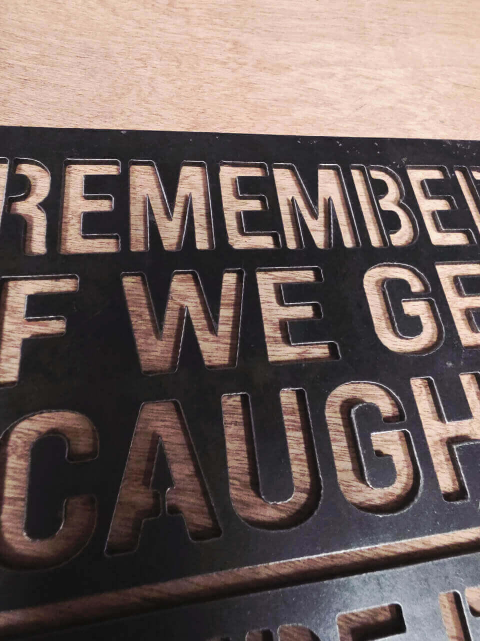 Close-up of Remember If We Get Caught sign lettering