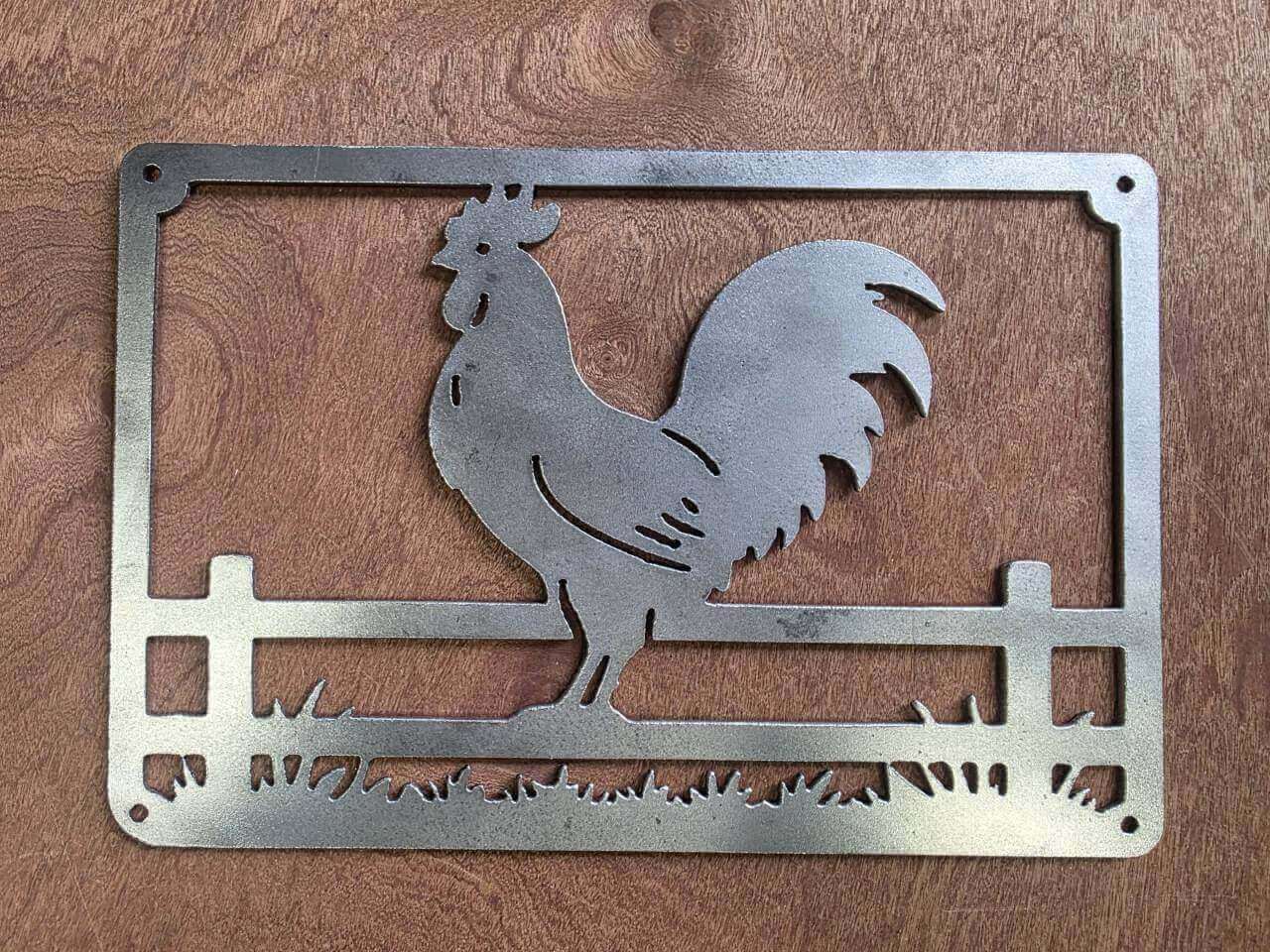 Chicken on a Fence raw steel metal wall art – full product view