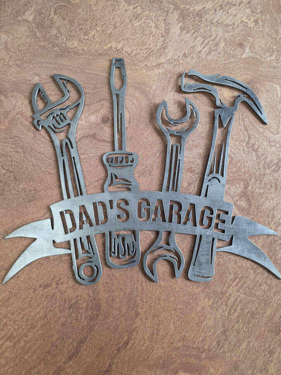 Dad’s Garage tools raw steel metal wall art – full product view