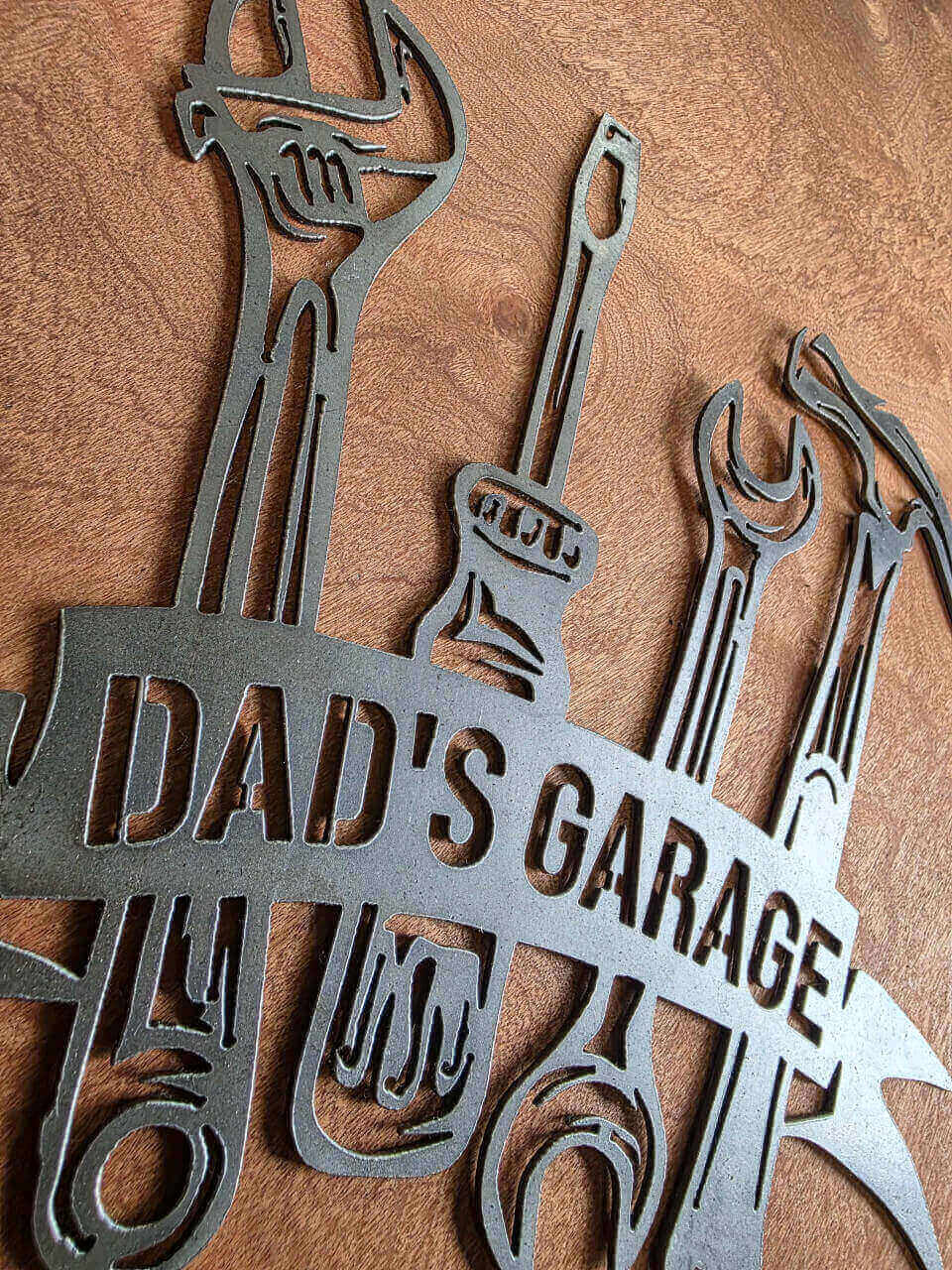 Dad’s Garage tools raw steel metal wall art – angled product view