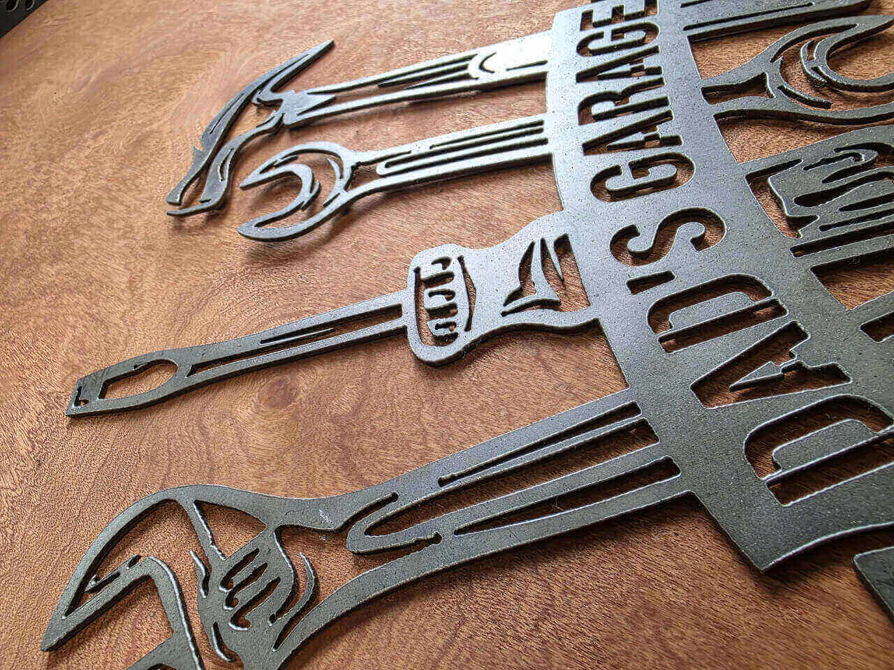 Dad’s Garage tools raw steel metal wall art – close-up detail