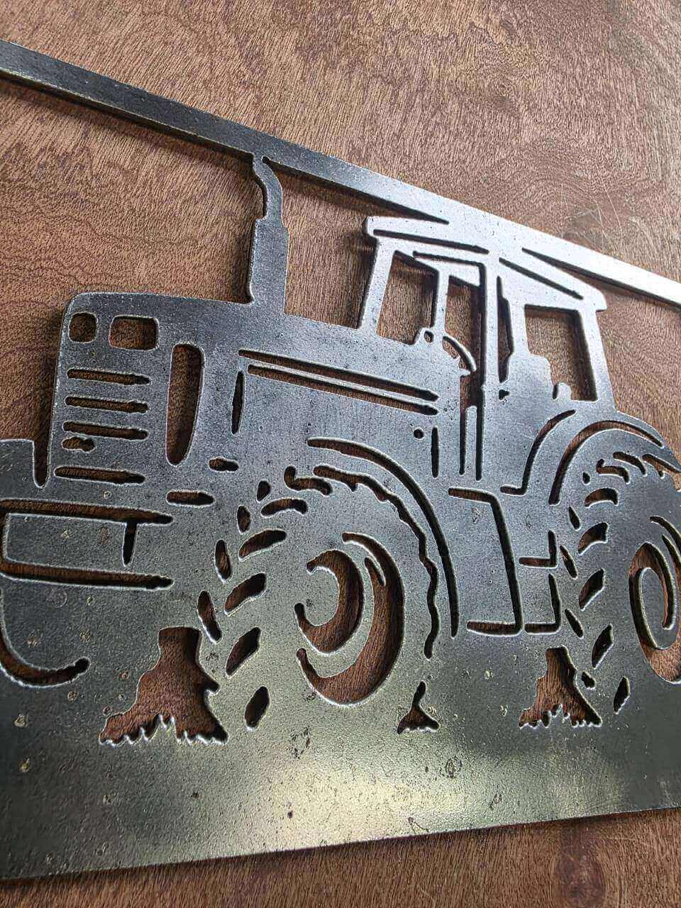 Farm tractor raw steel metal wall art – close-up detail
