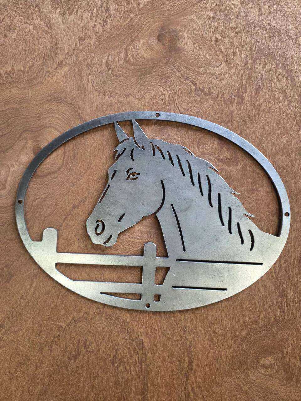Horse over fence raw steel metal wall art – full product view