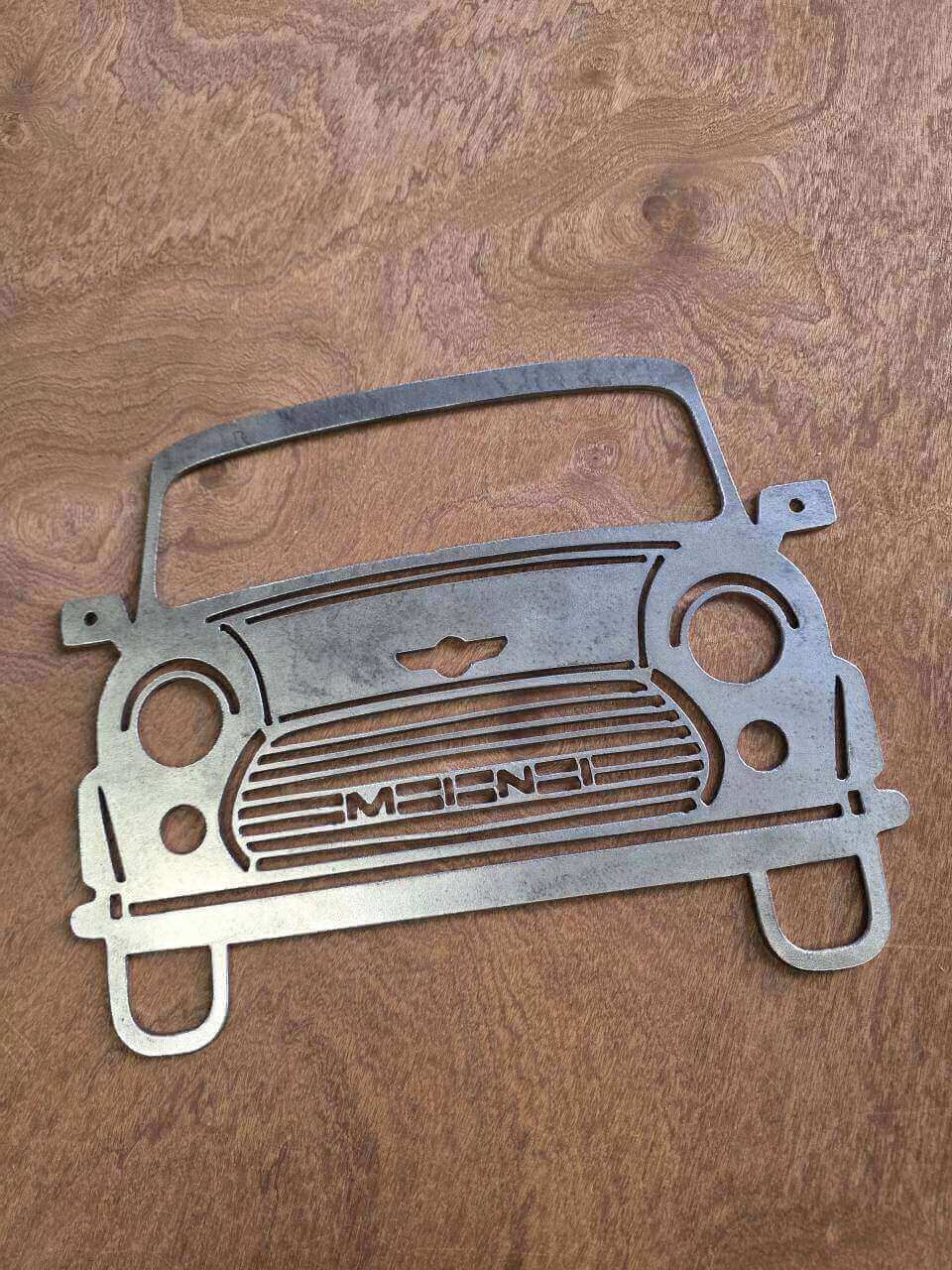 Classic Mini front-end raw steel metal wall art – full product view