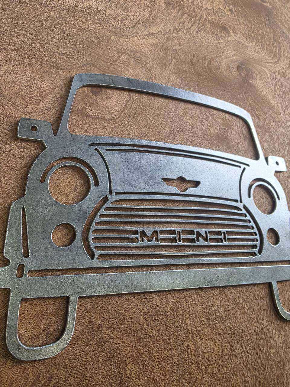Classic Mini front-end raw steel metal wall art – angled product view