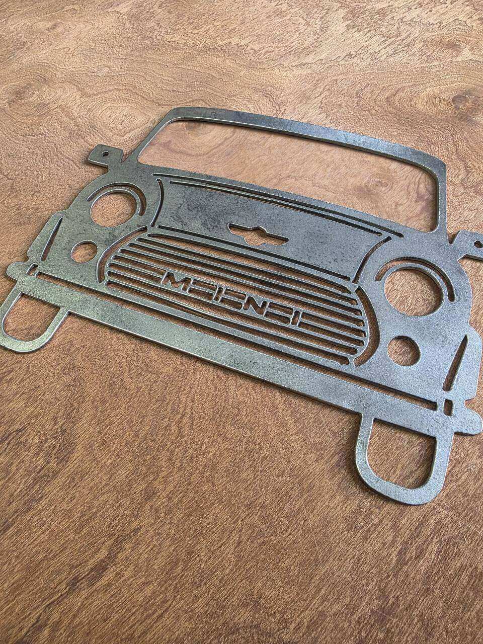 Classic Mini front-end raw steel metal wall art – close-up detail