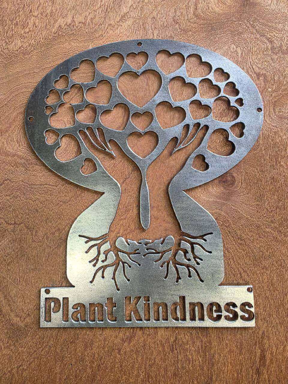 Plant Kindness tree of hearts raw steel metal sign – full product view