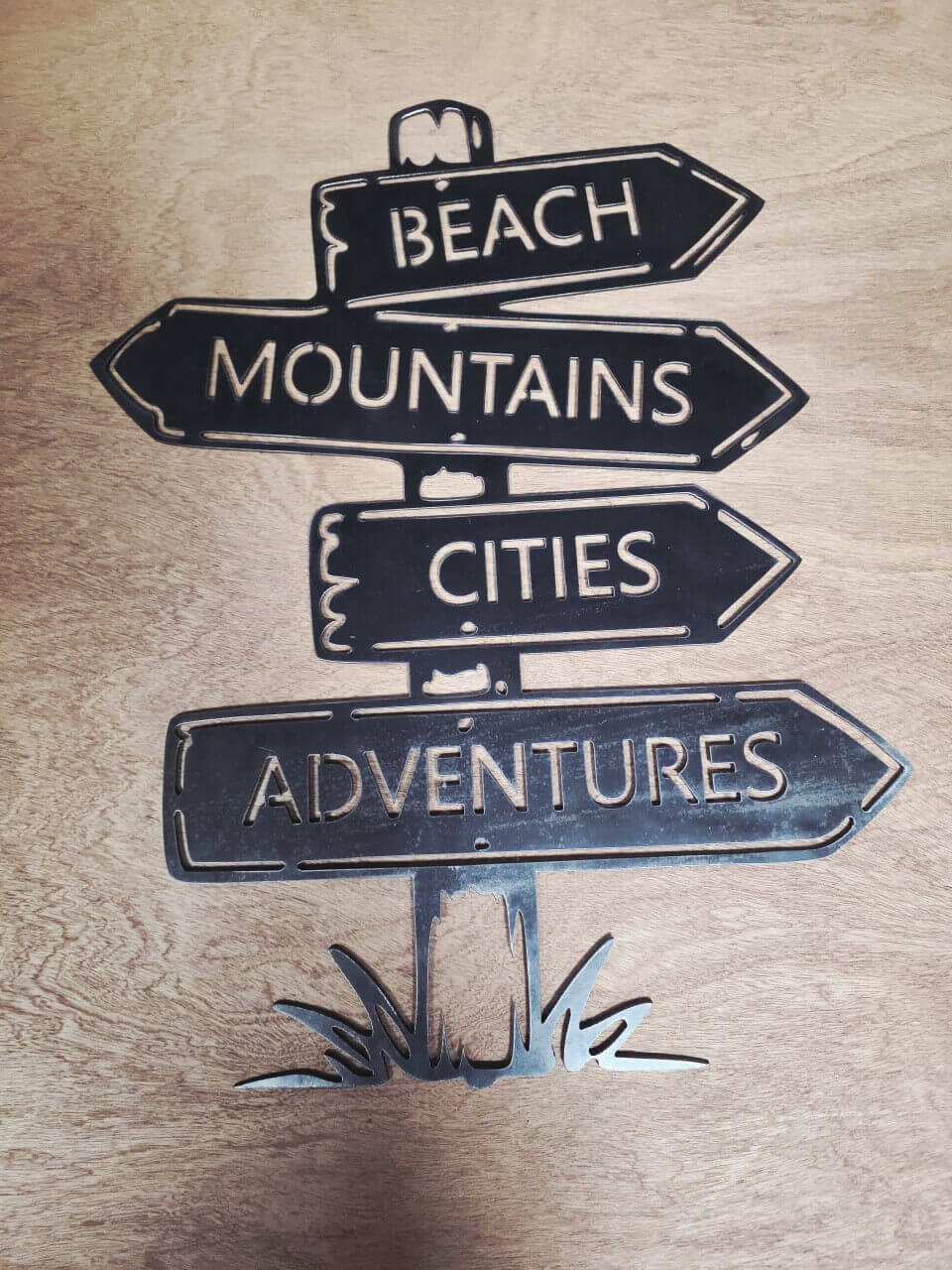 Customisable travel signpost raw steel metal wall art – full product view