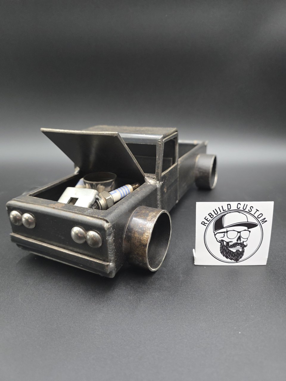 One-off reclaimed steel pickup truck desk sculpture